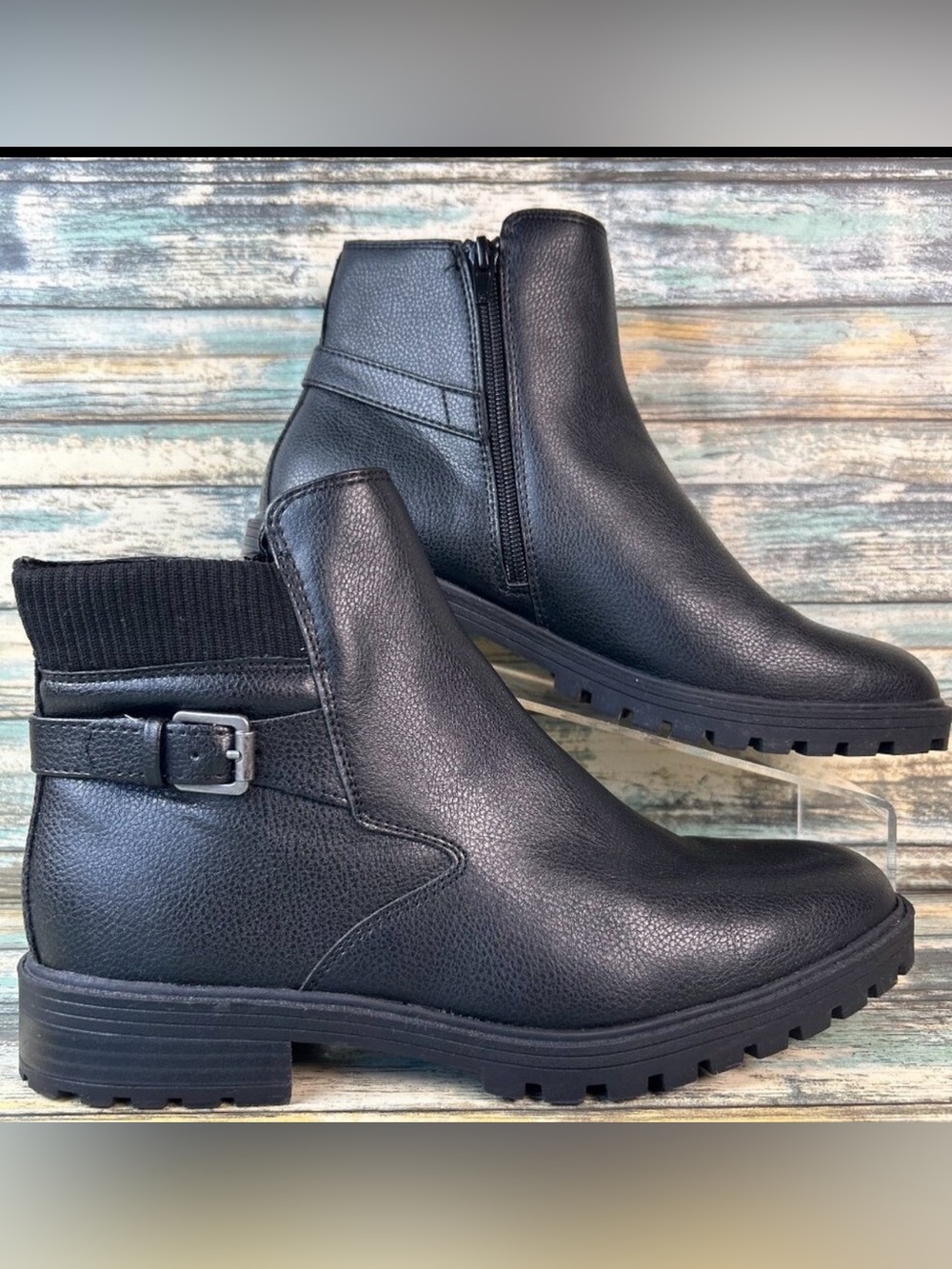 BARETRAPS Ankle Boot Size 9.5 Black Block Heel Cuffed Trim Bootie